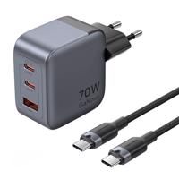 GaN Vention USB-C+C+A 70W nabíječka + kabel USB-C-C 1m (šedá)