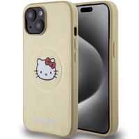 Kožené pouzdro Hello Kitty Kitty Head MagSafe pro iPhone 15 - zlaté 3666339189068