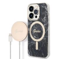 Pouzdro Guess Marble MagSafe pro iPhone 14 Pro + indukční nabíječka - černé 3666339103132