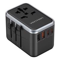 Univerzální 65W cestovní adaptér Vention FJFB0 GaN 2xUSB-C 2xUSB-A (černý)